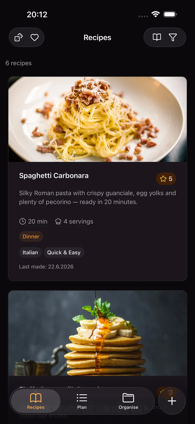 The Sizzzle recipe list on iPhone